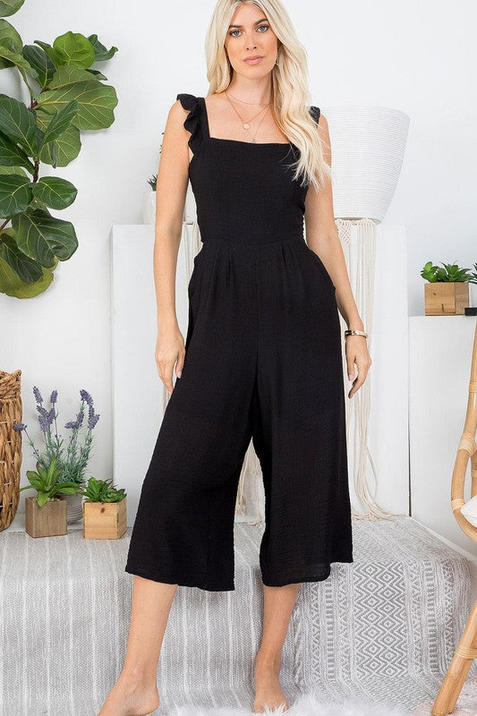 Black Ruffle Tie Back Jumpsuit