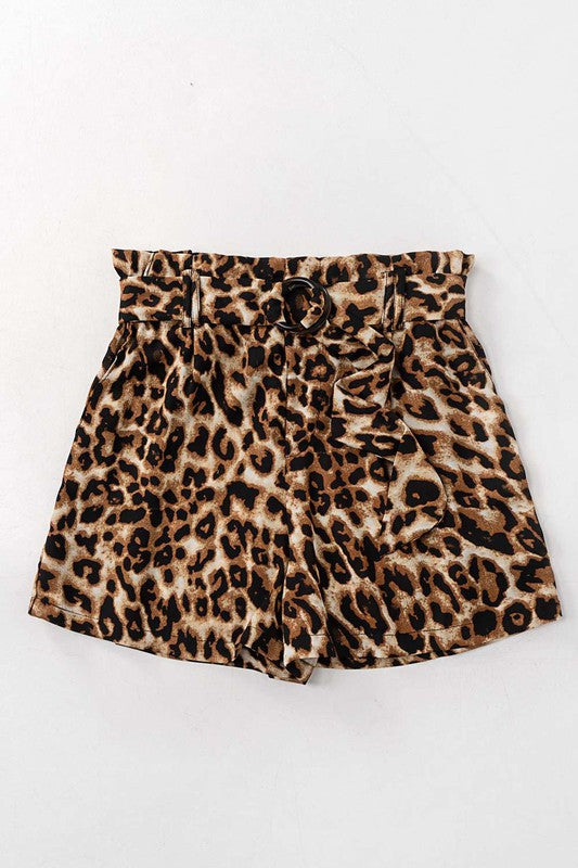 Leopard Buckle Belted Paperbag Short