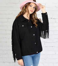 Load image into Gallery viewer, Black Denim Fringe Jacket
