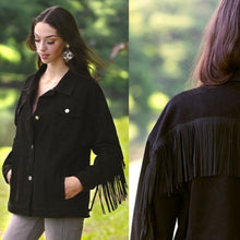 Load image into Gallery viewer, Black Denim Fringe Jacket
